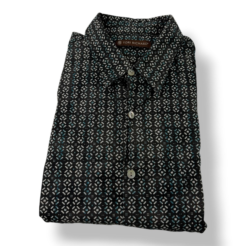 Tori Richard Men L Cotton Lawn Aloha Shirt Black Blue Geometric 0300 6986 Hawaii
